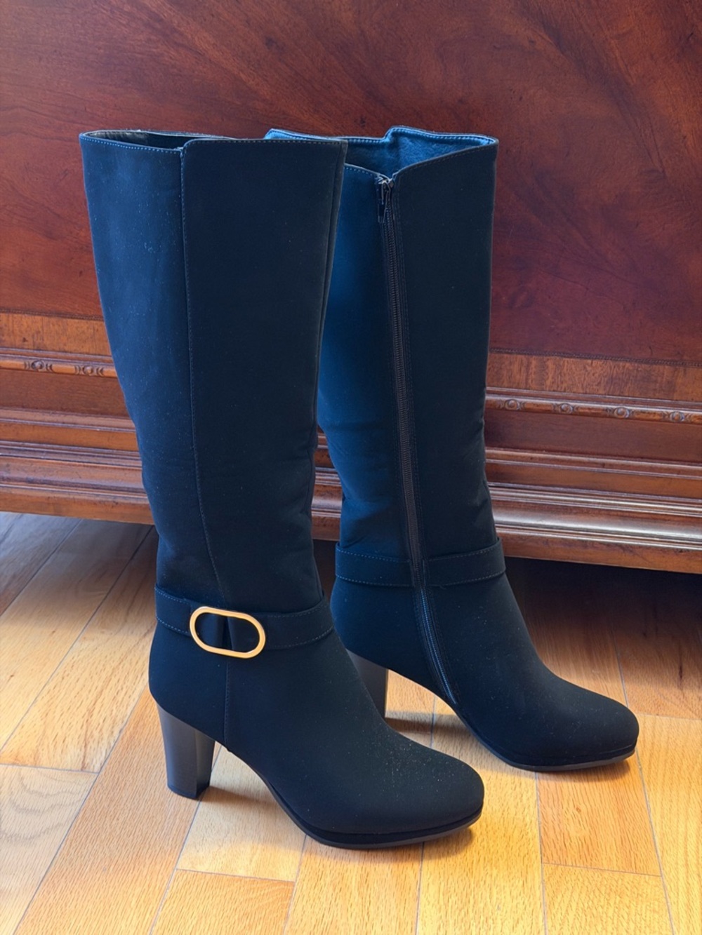 Black Wide-Calf Heeled Boots with Gold Buckle Accent